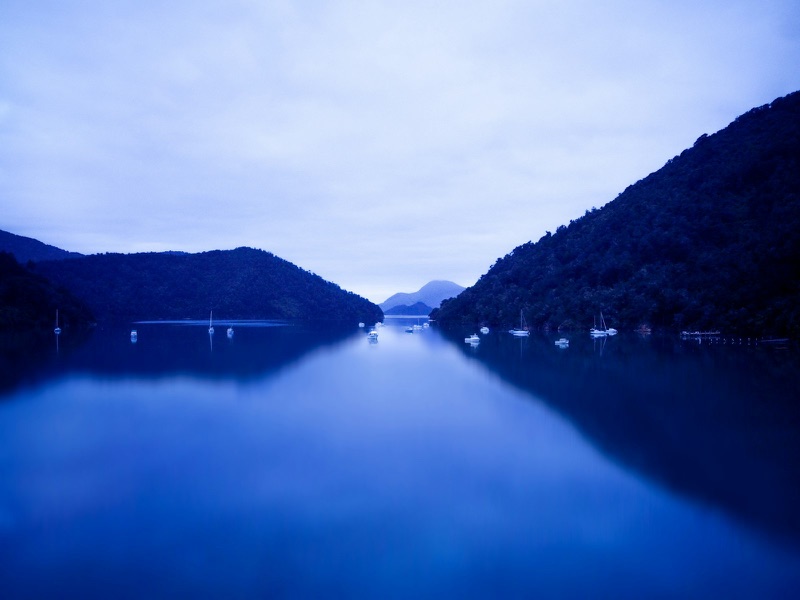 The Marlborough Sounds at dusk, the South Island arrival from Wellington
